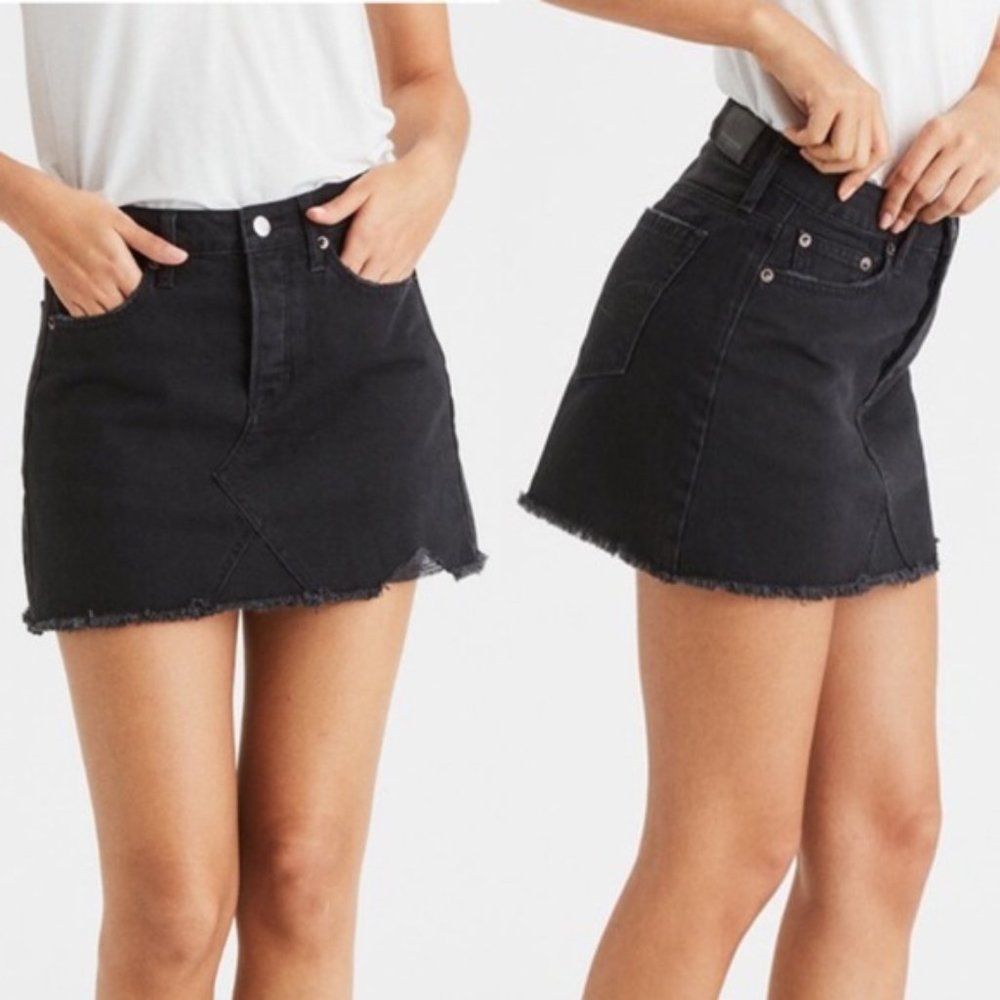 American Eagle AEO Hi-Rise Button Fly Jean Festival Mini Skirt washed blk sz 00